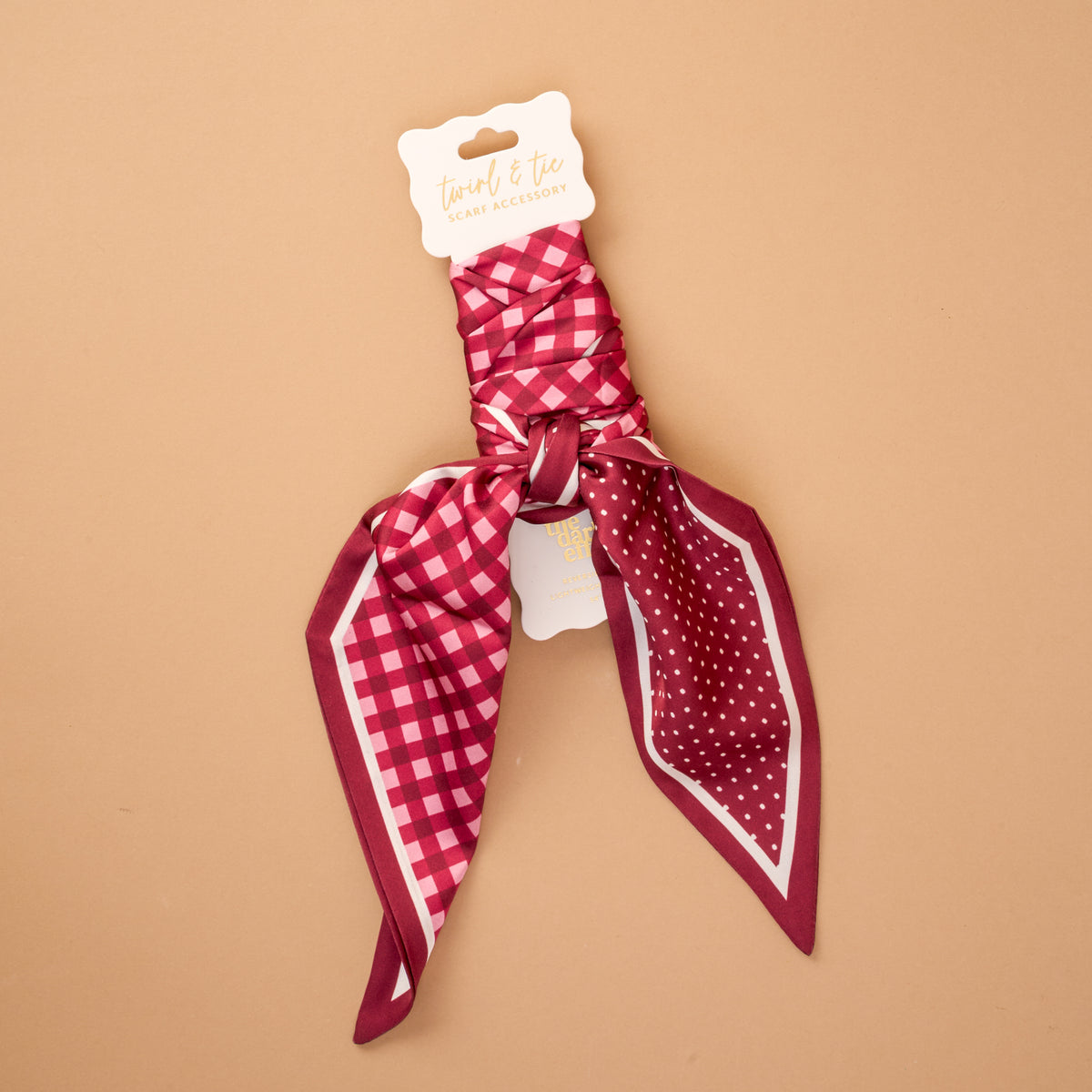 Burgundy gingham skinny satin hair scarf