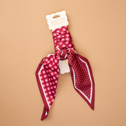Burgundy gingham skinny satin hair scarf