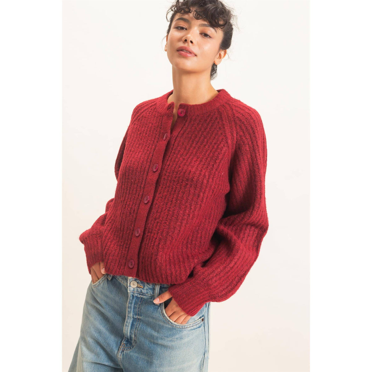 Burgundy ribbed button-front cardigan for women