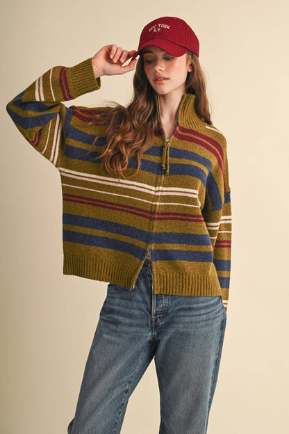 Colorful striped cardigan with ribbed mock neckline