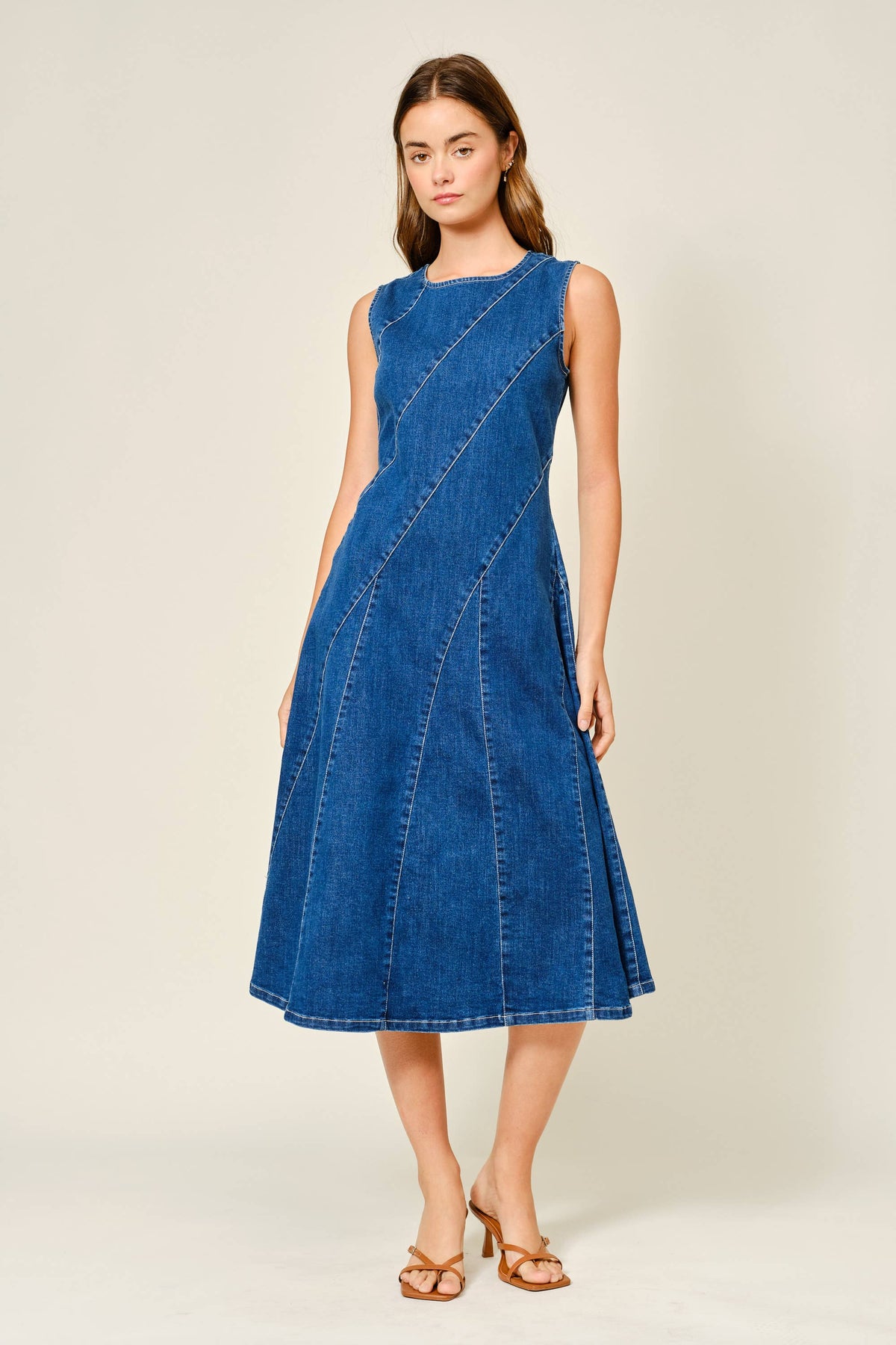 Dark denim A-line dress with contrast topstitching