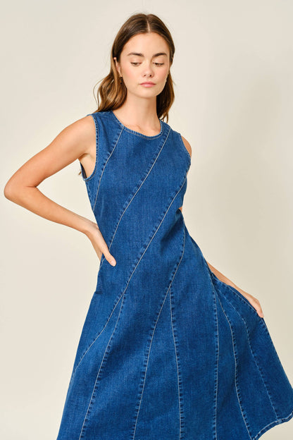 Dark denim sleeveless midi dress panel detail