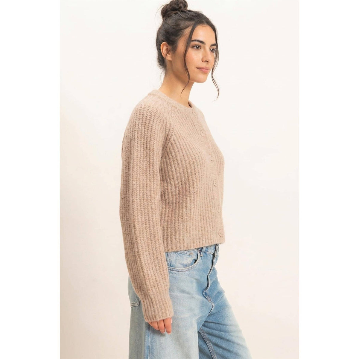 Dark taupe ribbed button-front cardigan for women