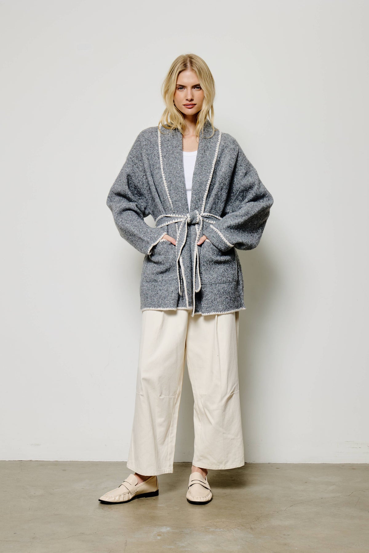 Flat White grey sweater cardigan with whipstitch detail
