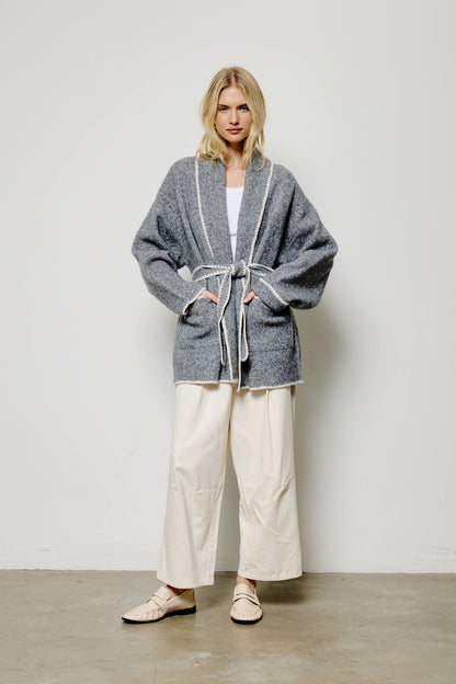 Flat White grey sweater cardigan with whipstitch detail