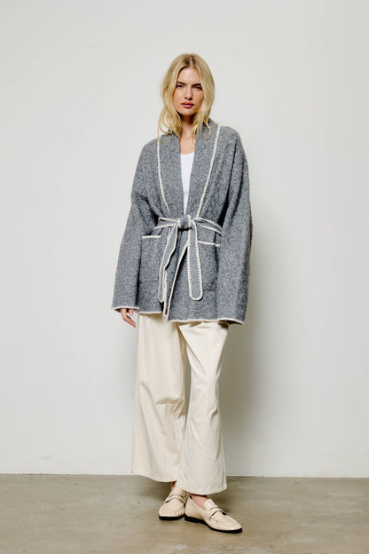 Flat White heather grey whipstitch belted cardigan