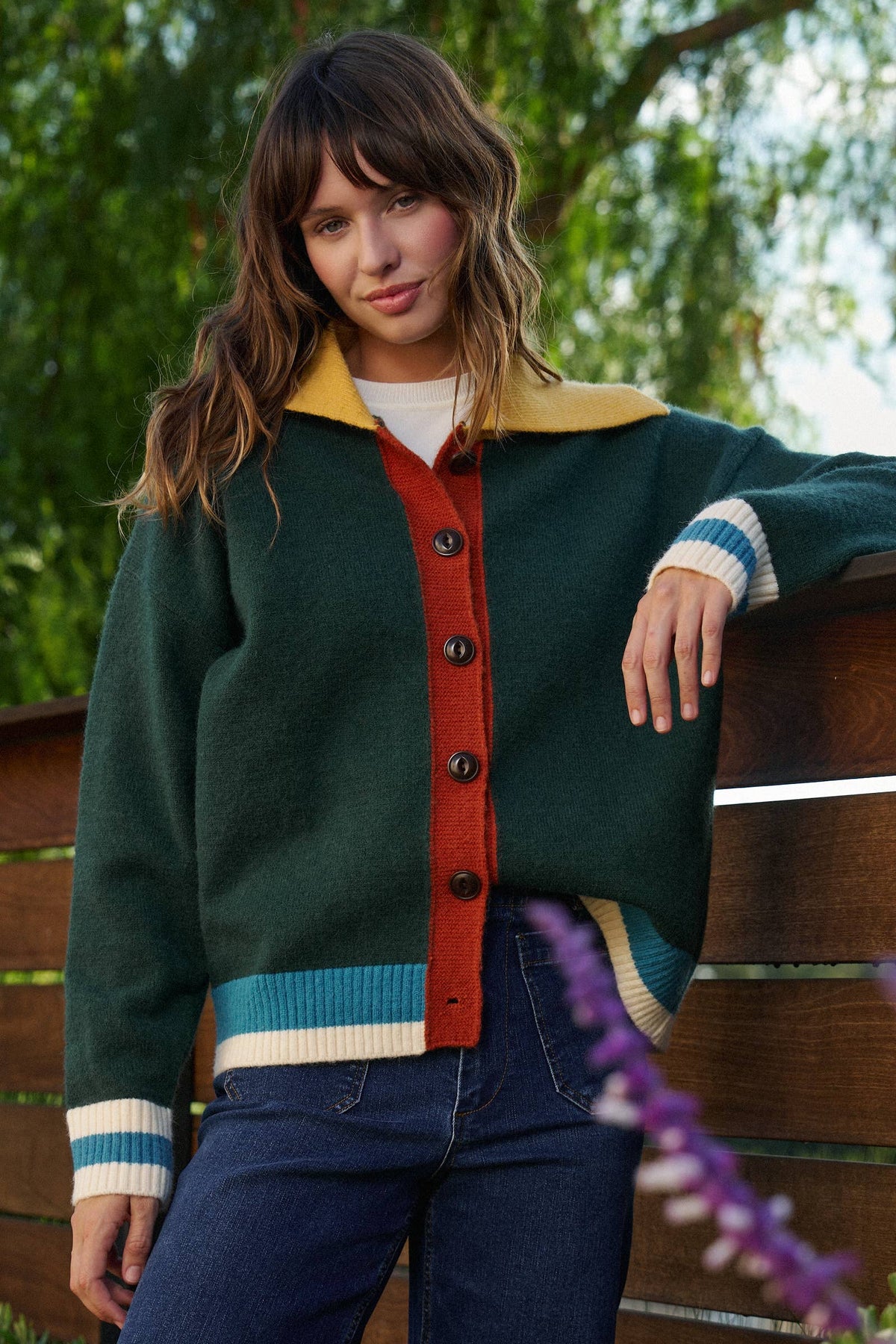 Forest green multi colorblock collared knit cardigan
