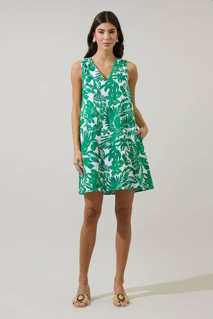 Green tropical print shift mini dress outfit detail
