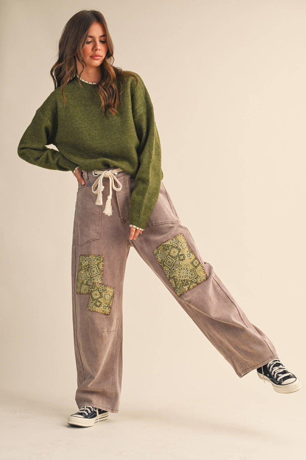 Heathered knit long sleeve sweater with scalloped edges
