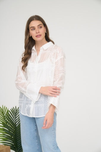Ivory embroidered sheer blouse with collared neckline