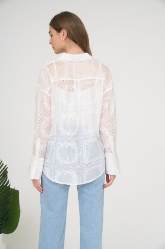 Ivory sheer embroidered long sleeve blouse back view
