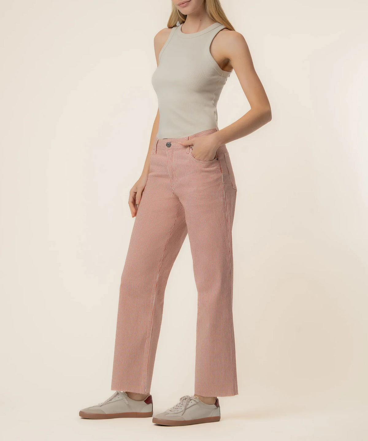 KUT Charlotte high rise raw hem jeans side view