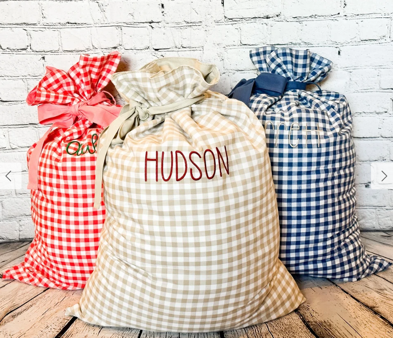 Large cotton gingham Santa sack for holiday gift wrapping