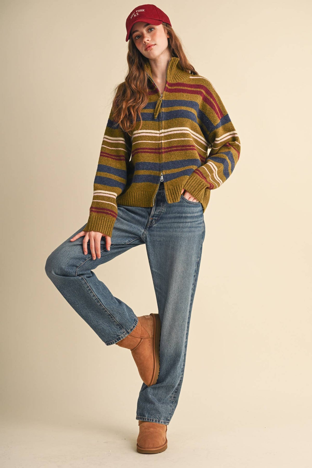 &amp;MERCI avocado multi striped mock neck cardigan