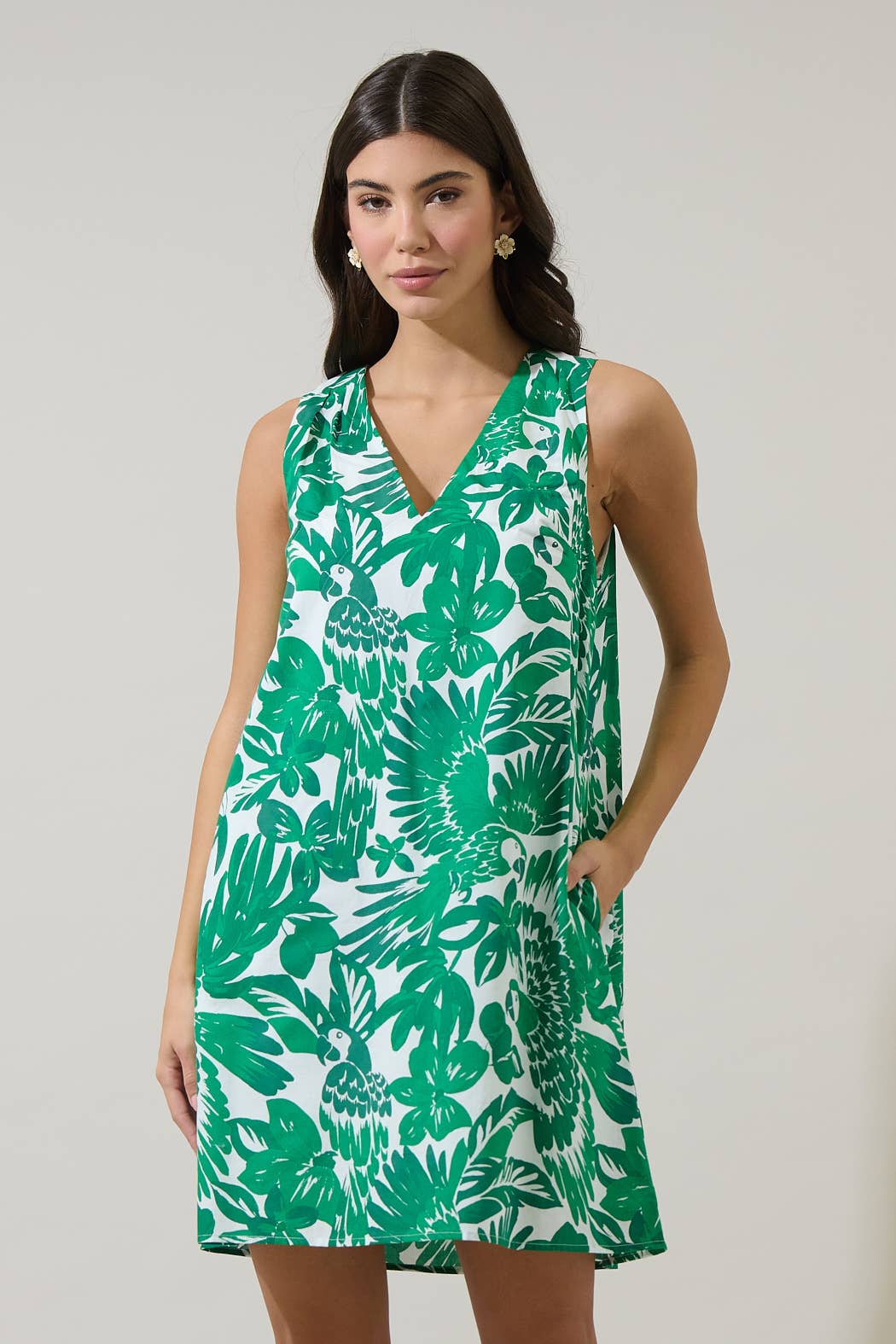 Masey tropical cotton shift dress styled on model