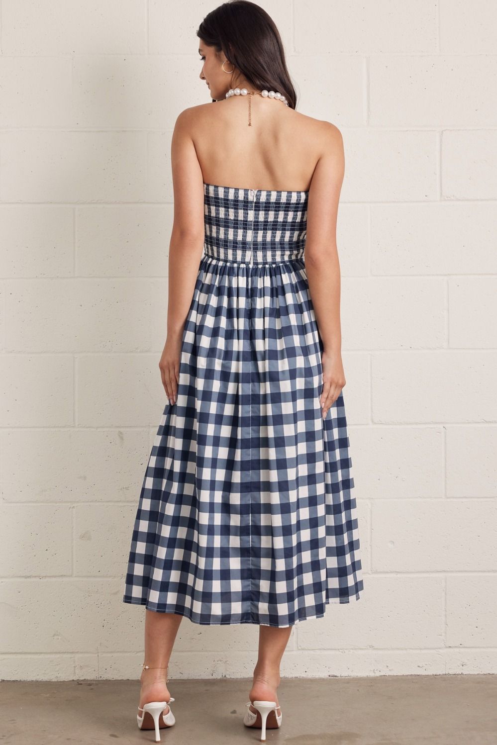 Navy gingham cotton midi dress back view