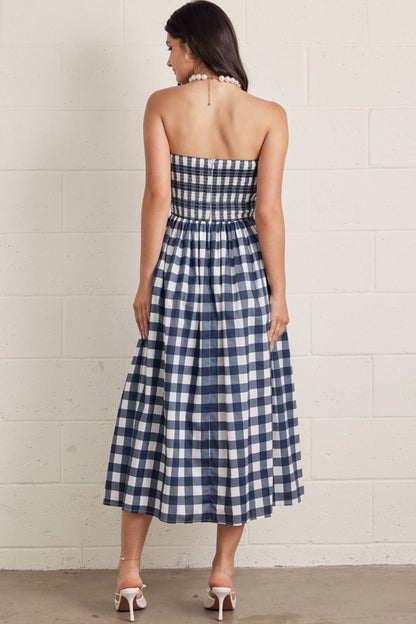 Navy gingham cotton midi dress back view