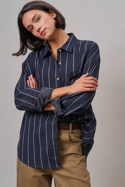 Navy striped 100% cotton oversized shirt for women
