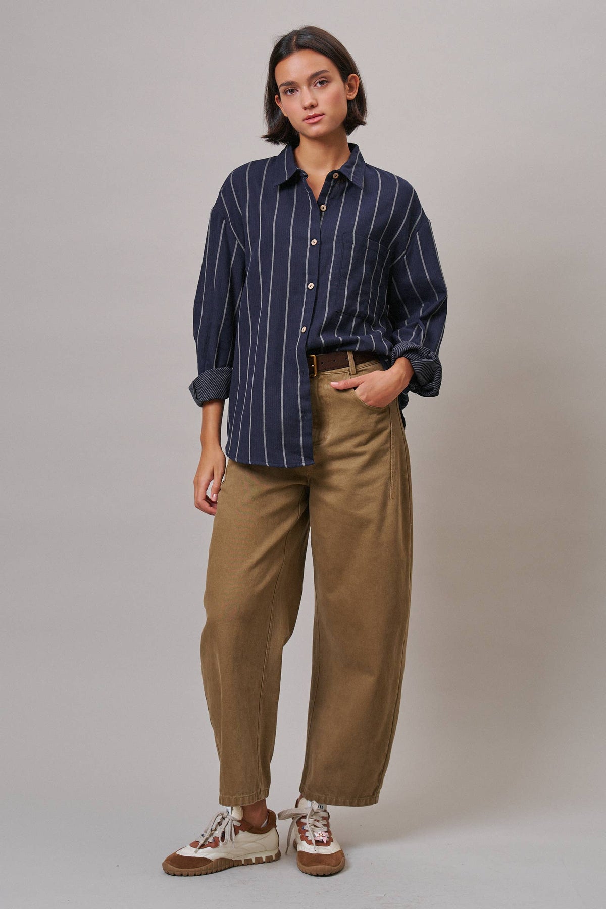 Navy striped oversized cotton button-down shirt for women