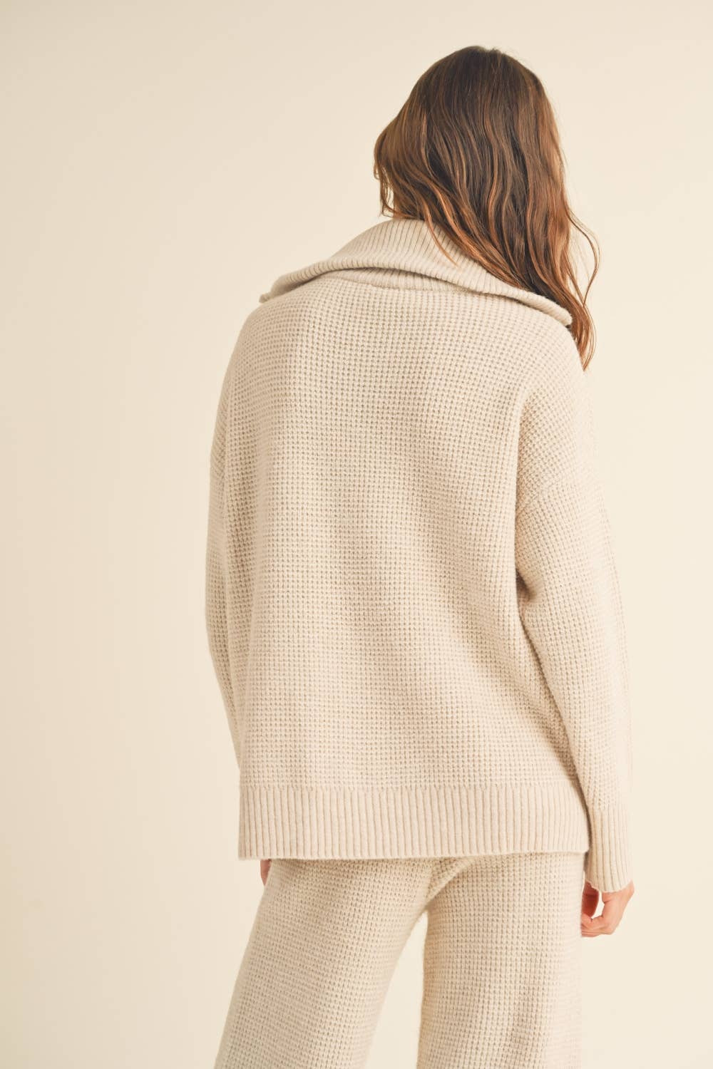 Oatmeal waffle knit half zip sweater back view
