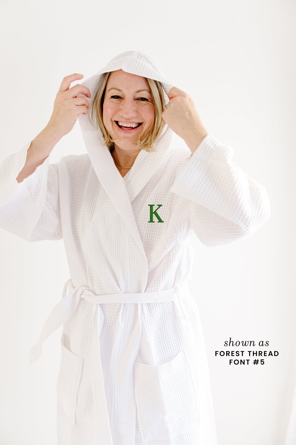 Personalized waffle knit robe with embroidered lettering