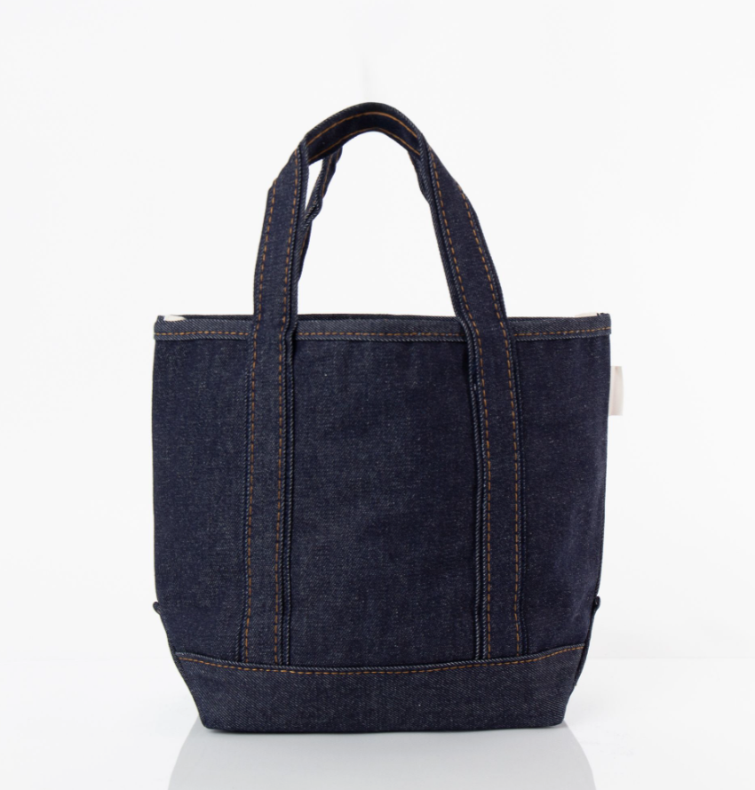 Raw denim open top tote bag front view
