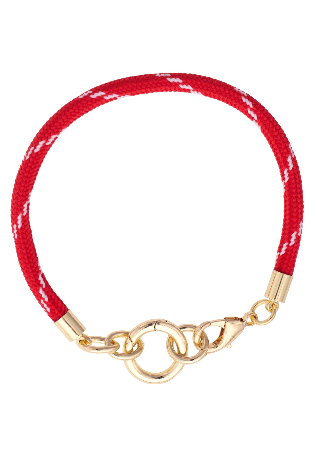 Red Goldie paracord charm bracelet with metal hardware