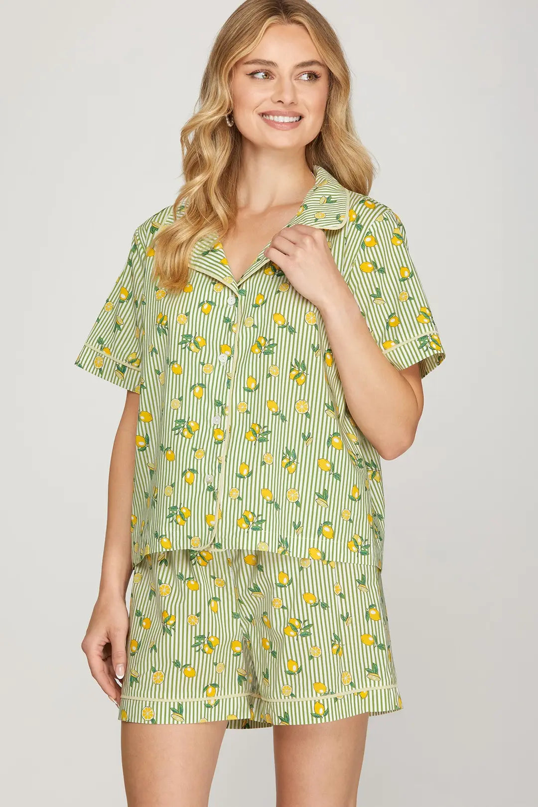 Green Lemon Print Striped Pajama Set