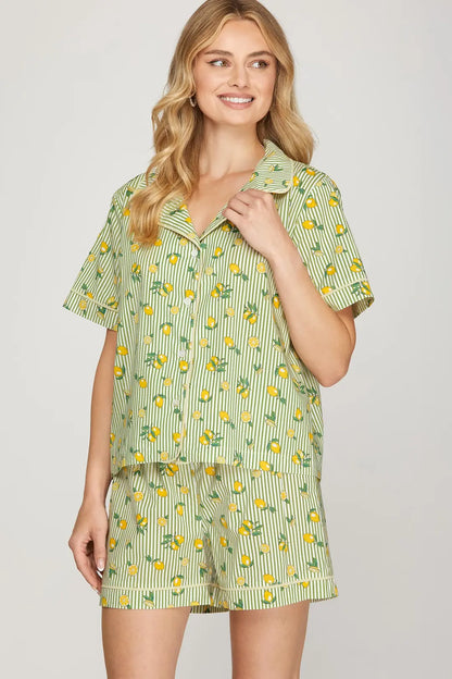 Green Lemon Print Striped Pajama Set