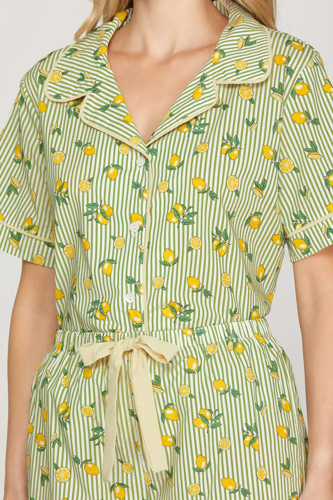 Green Lemon Print Striped Pajama Set