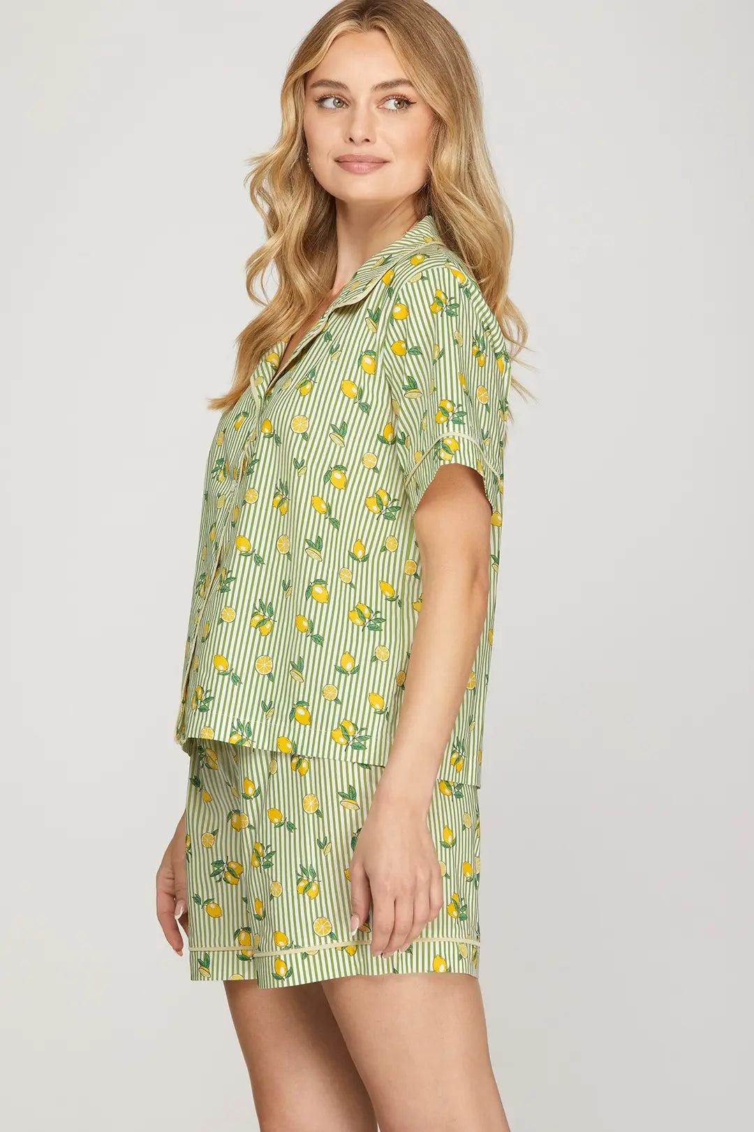 Green Lemon Print Striped Pajama Set