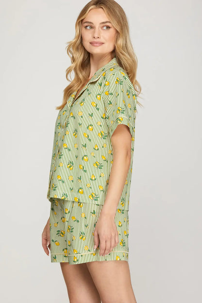 Green Lemon Print Striped Pajama Set