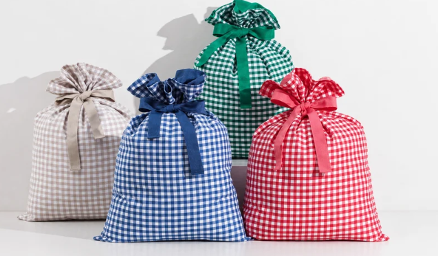 Gingham Santa Gift Sack – Reusable Cotton Christmas Bag