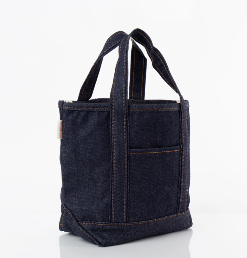 Structured raw denim open top carryall tote bag