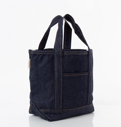 Structured raw denim open top carryall tote bag
