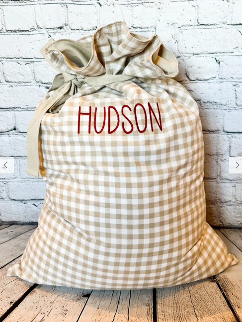 Tan gingham reusable Christmas gift sack