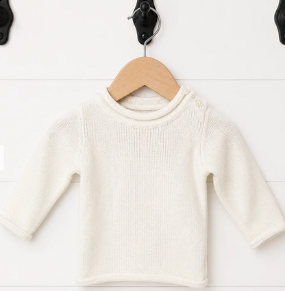 White personalized baby sweater with rolled neckline