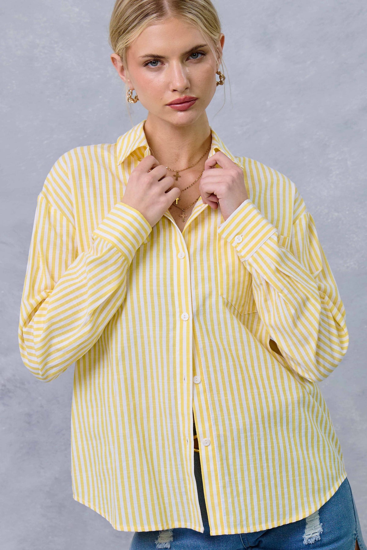 Yellow contrast stripe collared shirt front detail