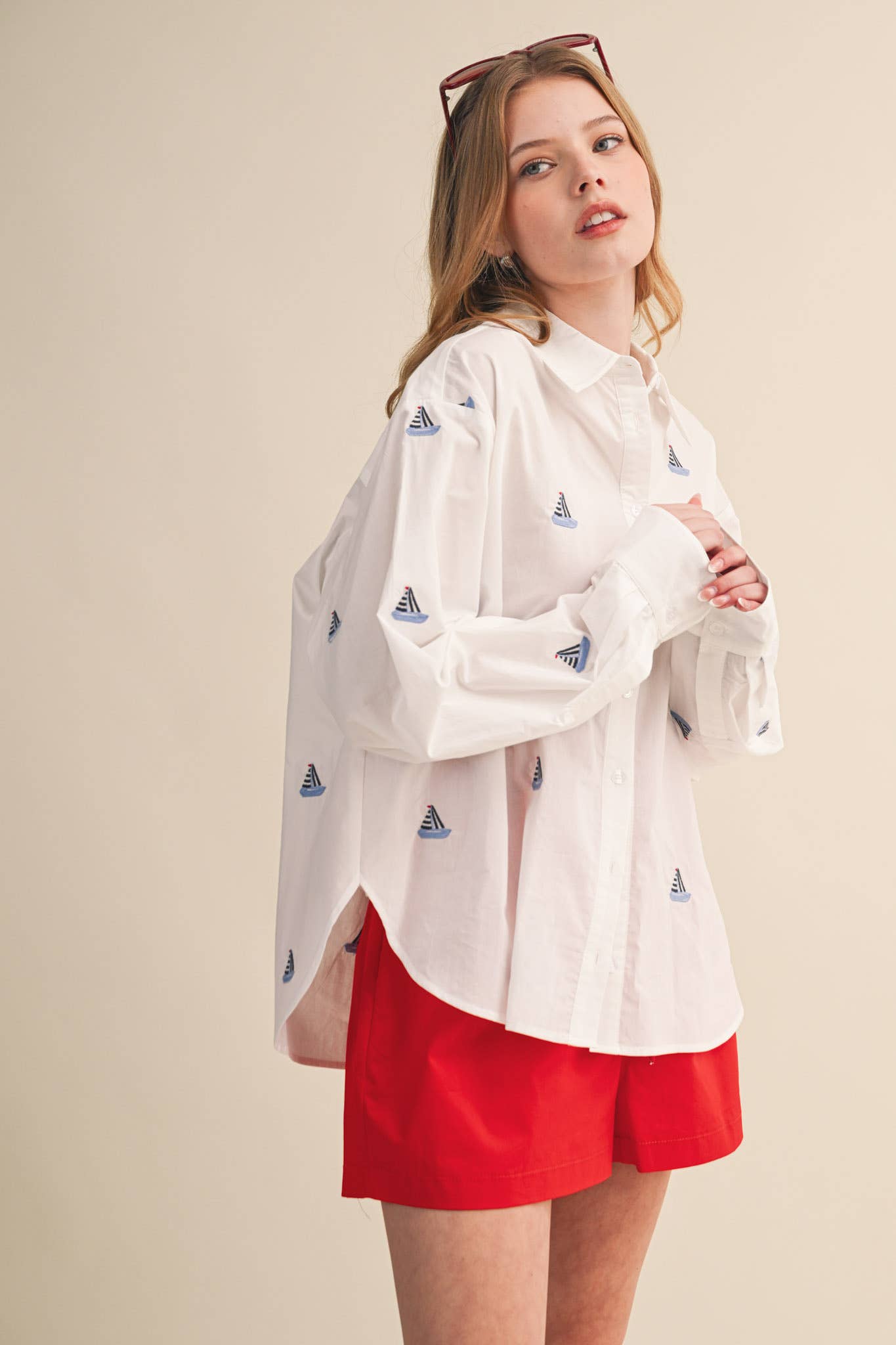 Sailboat Embroidery Button Down Shirt