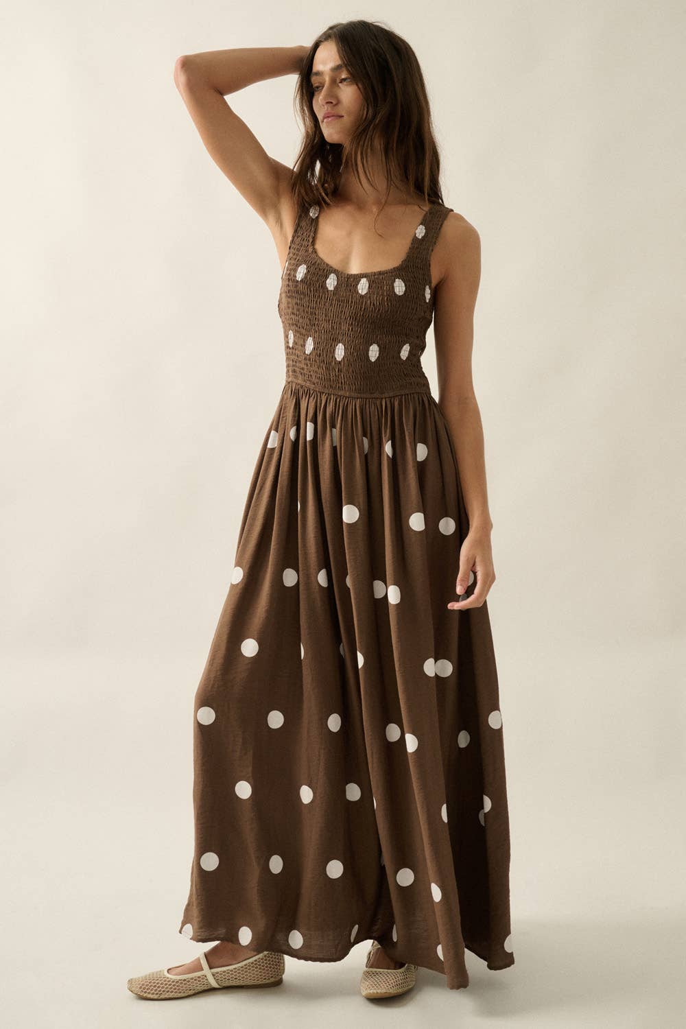 Polka Dot-Print Smocked Sleeveless Pocket Maxi Dress