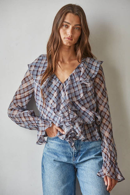Woven Polyester Plunged V-Neck Ruffle Peplum Top