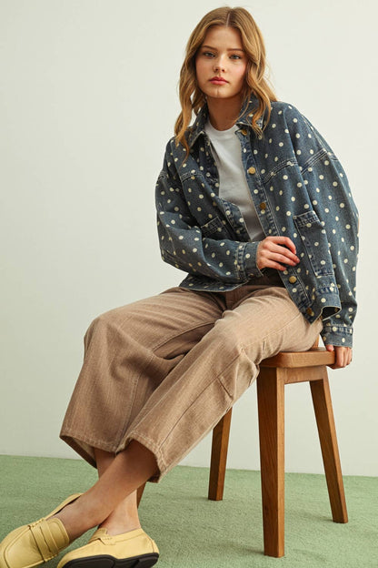 Polka Dot Button Front Denim Jacket