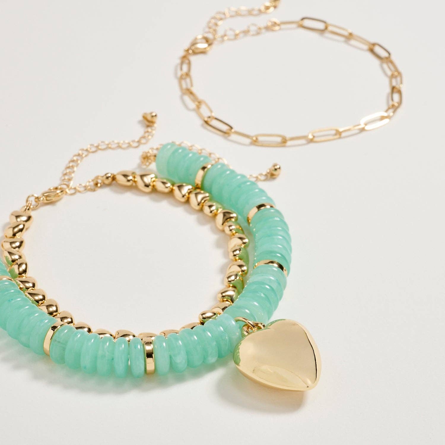 Gold Heart Charm Beaded Bracelet Set