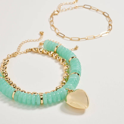 Gold Heart Charm Beaded Bracelet Set