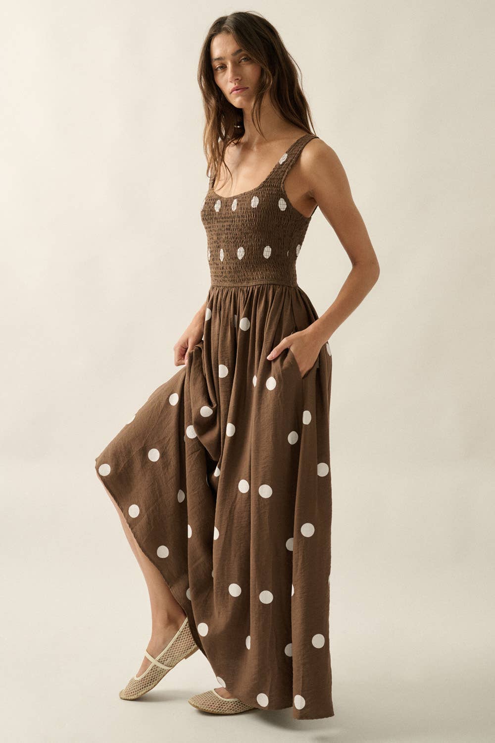 Polka Dot-Print Smocked Sleeveless Pocket Maxi Dress