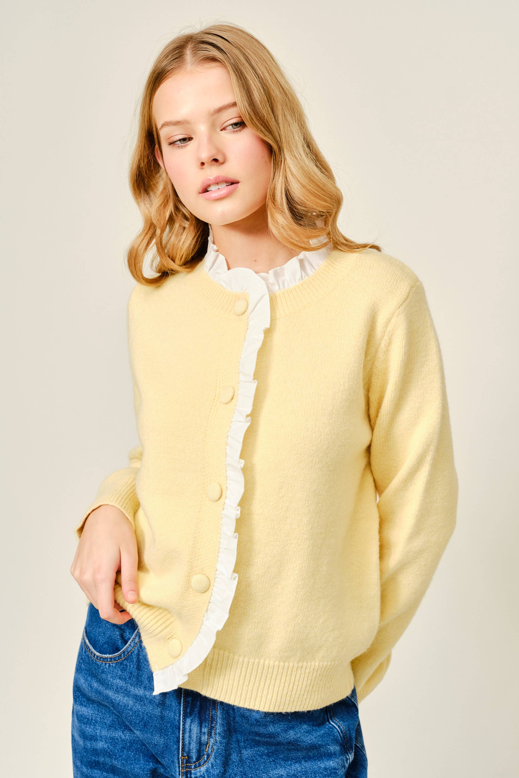 Contrast Ruffle Trim Knit Cardigan