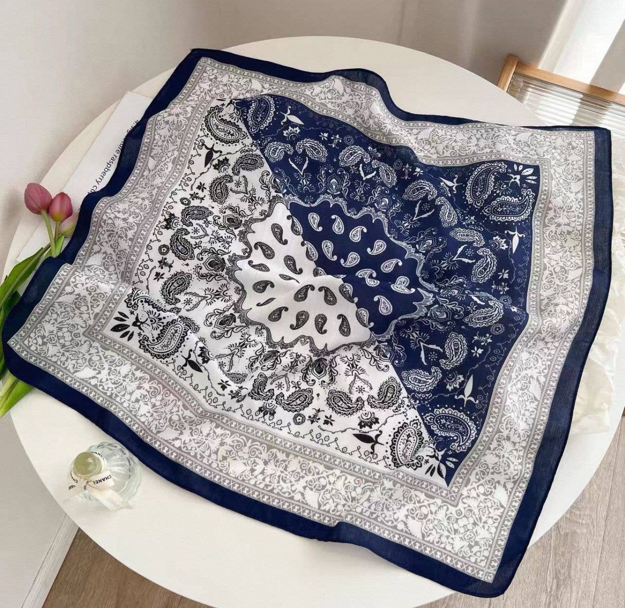 Navy &amp; White Silk Scarf