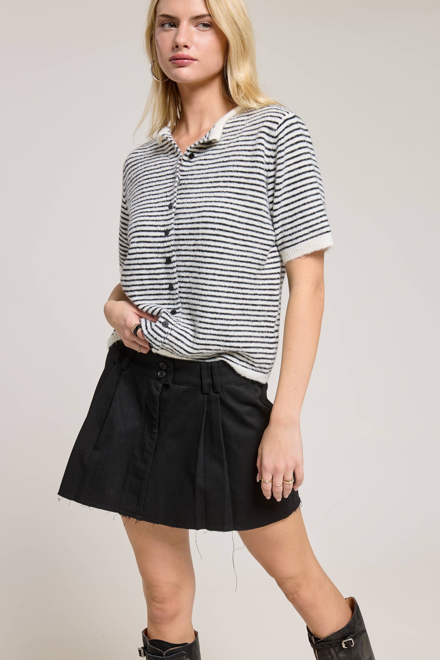 Striped Short Sleeve Button Cardigan