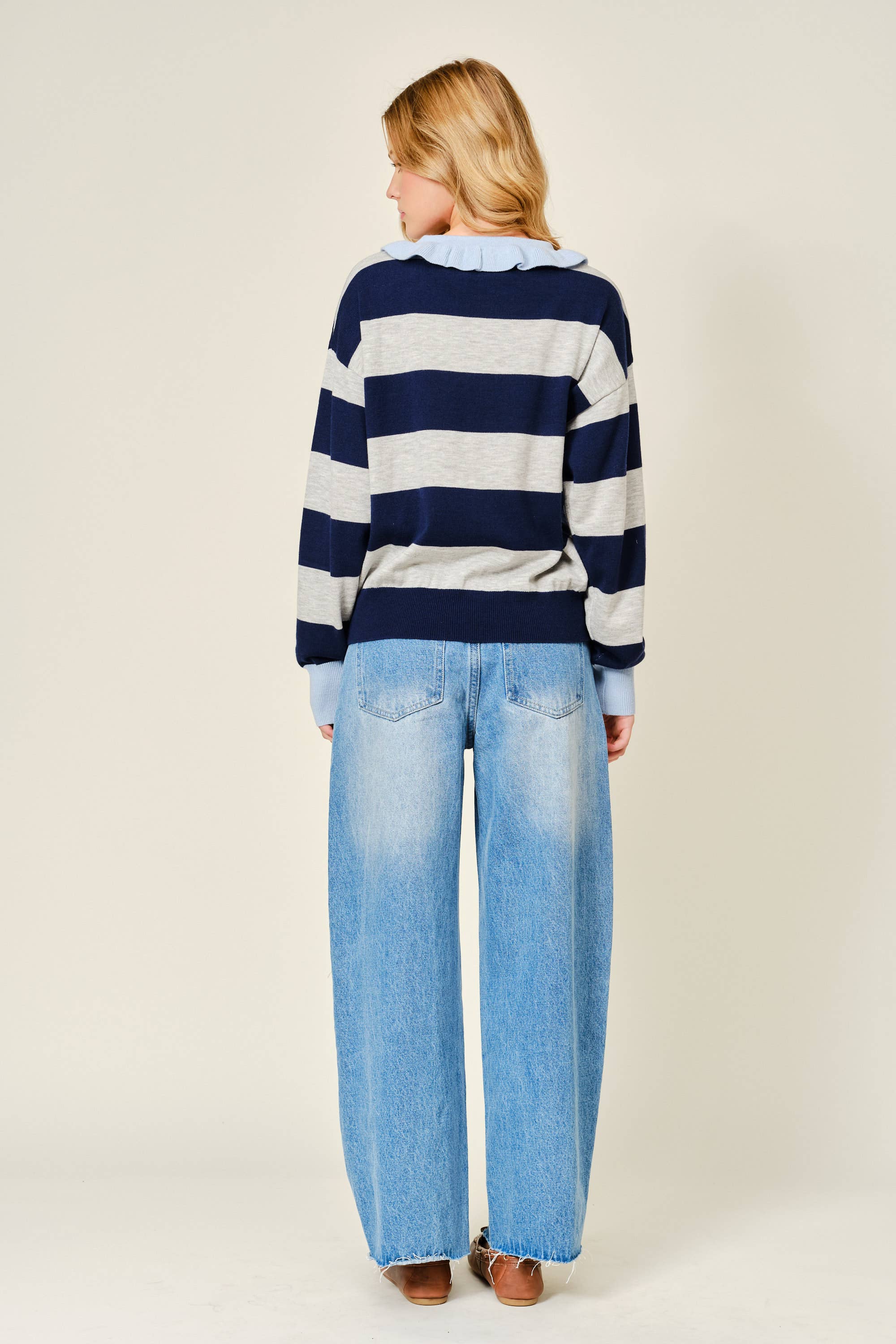 Striped Ruffle Collar Polo Style Sweater