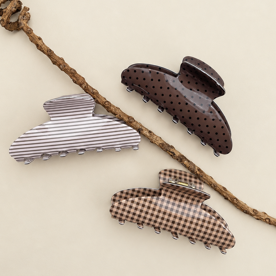 Jumbo Stripe Plaid Oval Hair Claw Clips